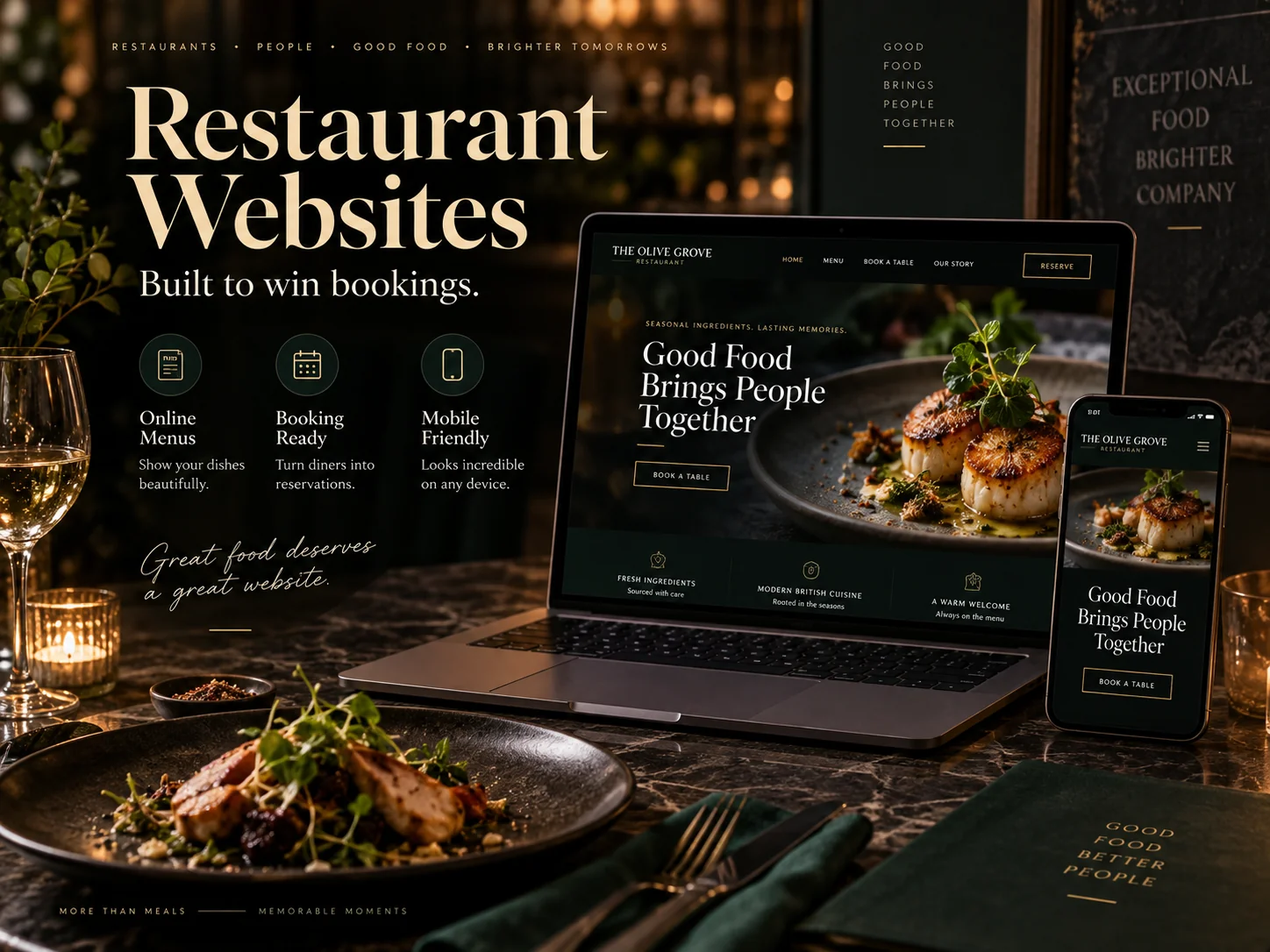 Restaurants & hospitality illustrative website design on desktop and mobile