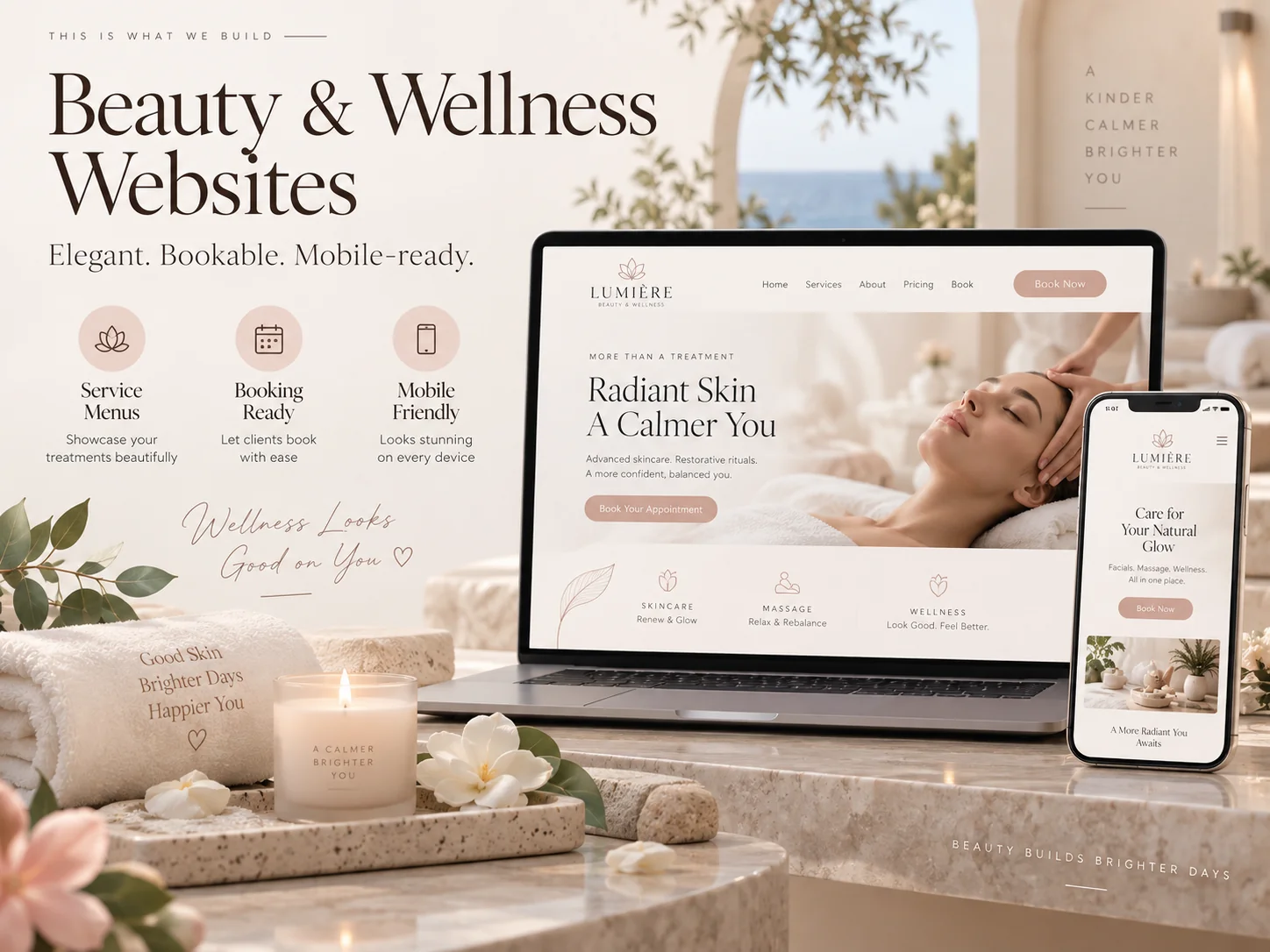 Beauty & wellness illustrative website design on desktop and mobile