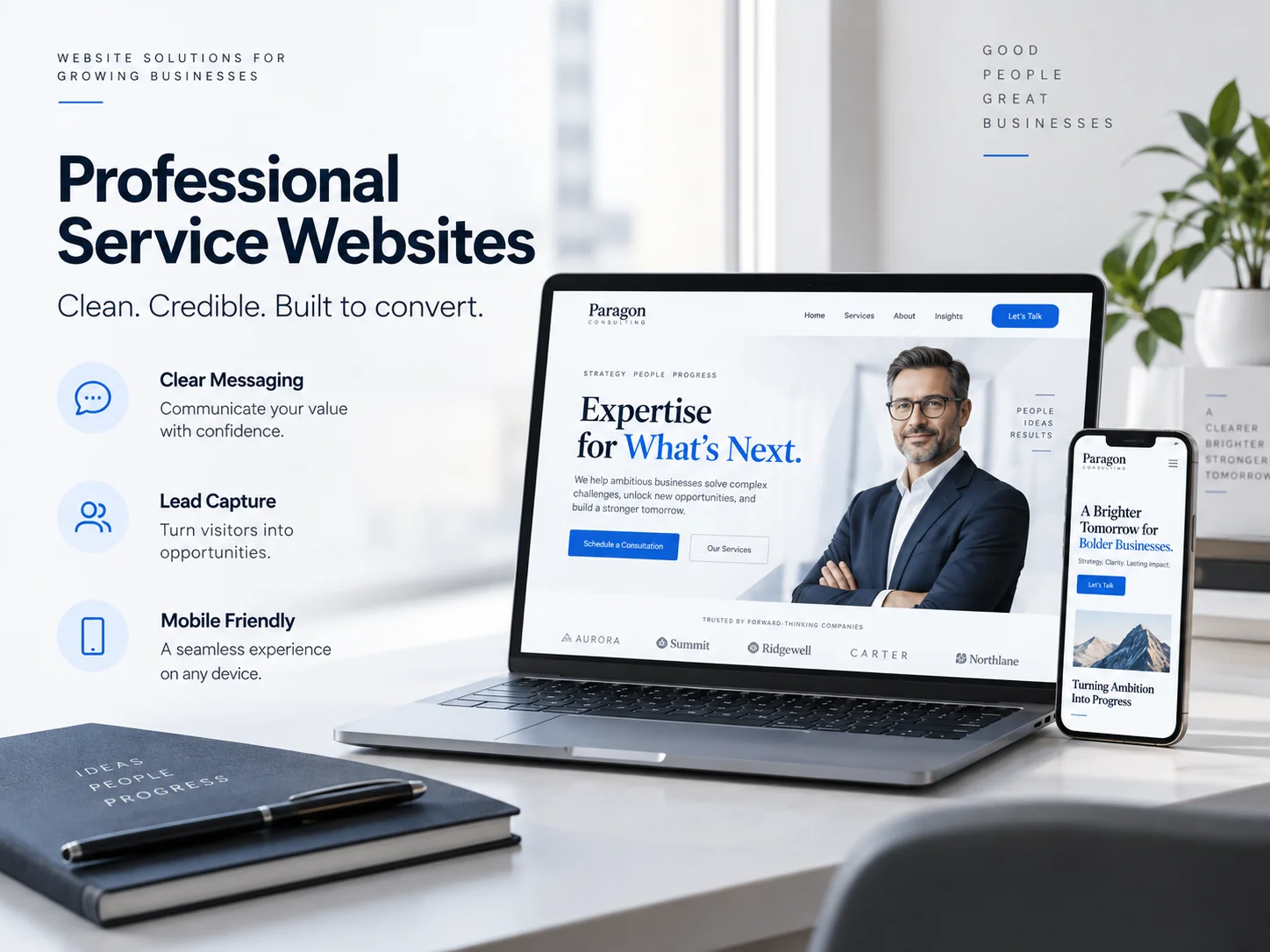 Illustrative professional services website shown on a laptop and phone