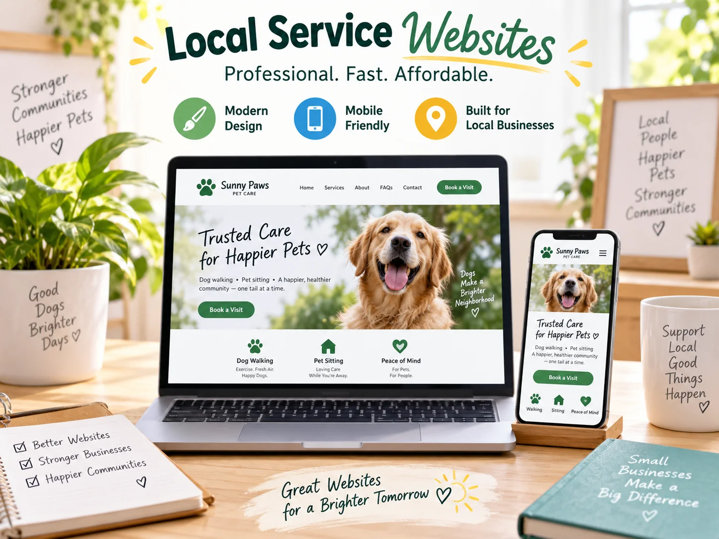 Local & pet businesses illustrative website design on desktop and mobile