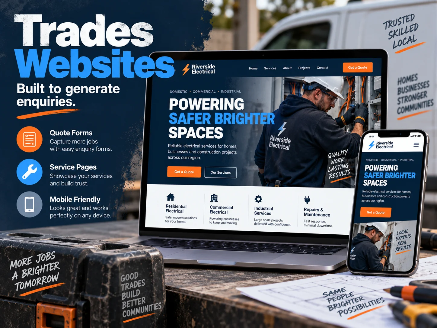 Trades & home services illustrative website design on desktop and mobile